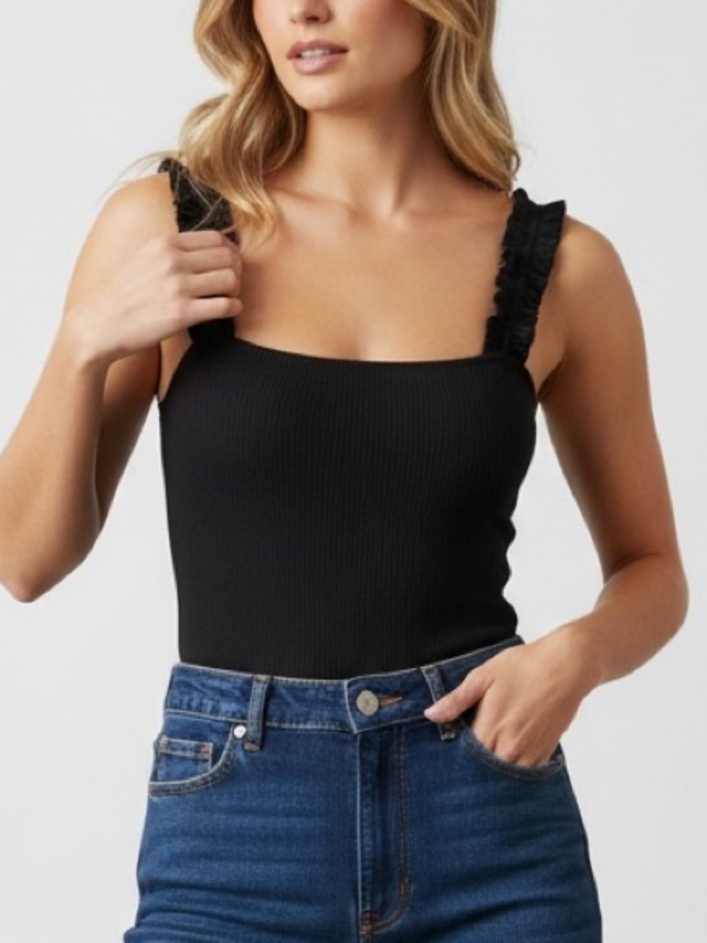 Petal + Pup Heidi Ruffle Strap Square Neck Sleeveless Bodysuit XL Black
